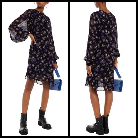 💕GANNI💕 Floral Georgette Mini Shift Dress ~ Black Floral Print 38 EU - Picture 4 of 16